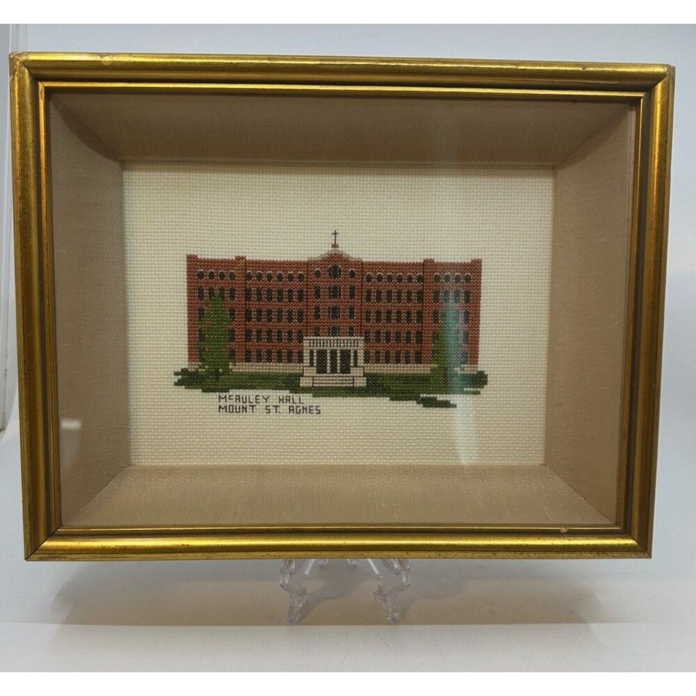 McAuley Hall at Mount St. Agnes Cross-Stitch Shadow Box Vintage Catholic School‎